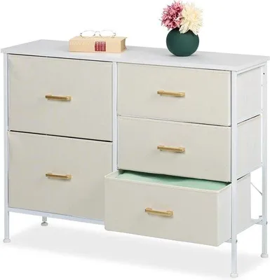 Obrázek produktu pro Komoda s 5 zásuvkami – do obývacího pokoje a ložnice – 76 x 100 x 31 cm – úchytky, bílá/zlatá