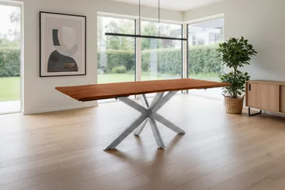 Produktbild von Esstisch mit Ansteckplatten 160(260)x90 cm Baumkante Akazie nussbaum Spider-Gestell silber AVINO