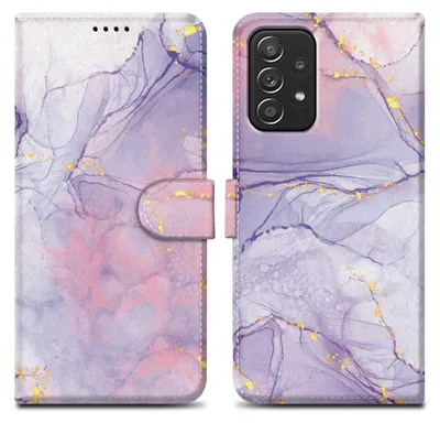 A flip-style phone case with a marble-like design in purple, pink, and gold.