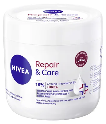 Obrázek produktu pro NIVEA Repair & Care, Krém, Hydratující, Vyživující, Vyhlazující, Velmi suchá pokožka, 400 ml, Glycerin, Pantenol, Sklenice