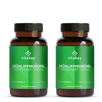 Produktbild von Vitabay Grünlippmuschelextrakt 2000mg Hochdosiert - 600 Grünlippmuschel Kapseln mit hoher Bioverfügbarkeit - Green lipped mussel capsules Labor & ohne unerwünschte Zusätze