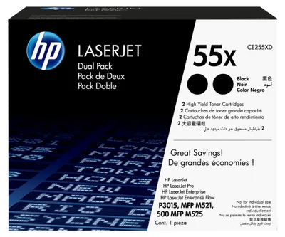 Image de HP 55X Black 2-pack LJ Toner Cart, CE255XD (12,500 / 12,500 pages)