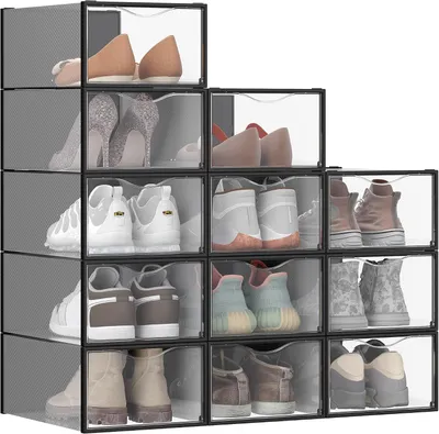 Productafbeelding van Schoenendozen set van 12 - Stapelbare schoenenboxen transparant met deur en ventilatiegaten - 33,3 x 23 x 14,5 cm