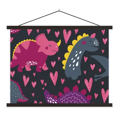 Produktbild von MuchoWow® Textilposter Dinosaurier - Kind - Muster - Rosa - Mädchen 60x45 cm mit schwarzem Rahmen - Poster Schlafzimmer