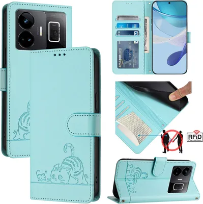 Produktbild von Leder Hülle für Realme GT3 Süße Katze Flip Case Brieftasche Schutzhülle mit Standfunktion hellgrün