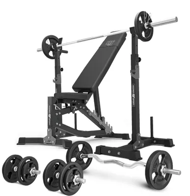 Produktbild von Marbo Sport - Set MS30_2.0_83KG | Doppelseitig verstellbare Hantelbank + Hantelablage (2 Stück) mit Sicherung + Stangen- und Hantelscheiben Set 83 kg