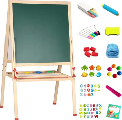 Produktbild von Standtafel Kinder,Holz Kindertafel Malerei Holztafel Doppelseitige Kreidetafel und Whiteboard 57x55x148cm