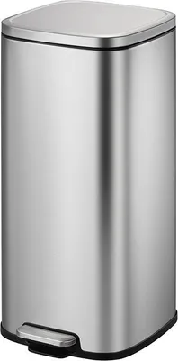 A stainless steel trash can with a foot pedal.