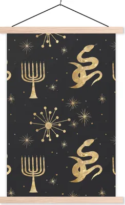Produktbild von MuchoWow® Textilposter Muster - Spirituell - Gold 120x180 cm mit holzfarbenen Rahmen - Textil-Plakat