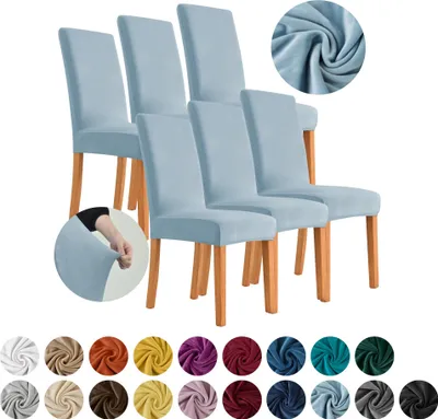 Produktbild von MEBLE ODNOWA, Stuhlhusse, Stuhlbezug, Standardgröße, Samt, Hellblau, 6er Set, Velours, elastisch, Stuhlbezüge, Stuhlhussen, maschinenwaschbar