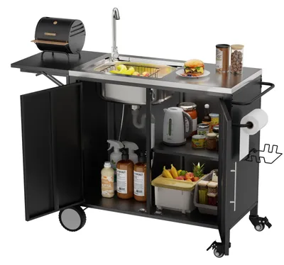 Produktbild von Clinvia Grillwagen Grilltisch mit Spüle, Kücheninsel Grilltische,BBQ Beistelltisch, Stauschrank aus Metall, rollbarer Grillwagen mit Rädern für Garten