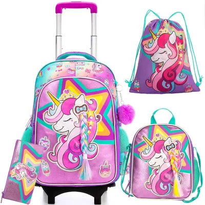 Image de Sacs à dos pour enfants, modèle licorne, avec roulettes, ensemble 3 pièces comprenant une trousse de déjeuner et une trousse à crayons