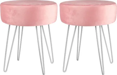 Produktbild von Weicher runder Fußhocker aus Samt mit silbernen Haarnadelbeinen – Rosa – 2er-Pack