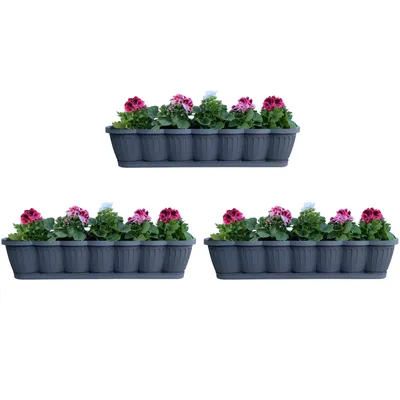 Produktbild von 3er Set 80cm Blumenkasten Balkonkasten Pflanzkasten Anthrazit im Wellendesign inkl. passenden Bewässerungsuntersetzer
