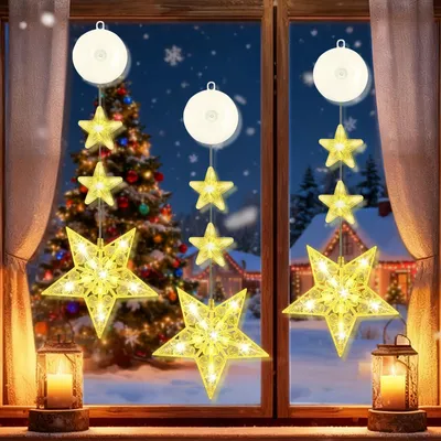 Sternen-Weihnachtsbeleuchtung, 3 warmgelbe LED-Sterne, batteriebetrieben