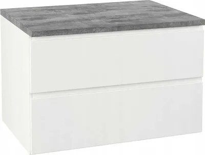 A white bathroom cabinet with a gray countertop and two drawers, shown from the front.