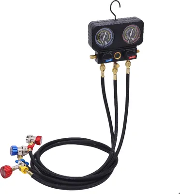 Produktbild von AC-Messgerätesatz mit Schläuchen, erhöhter Sicherheits-Kfz-Krümmerersatz für die Kältemittel R410A, R32, R134A, R22