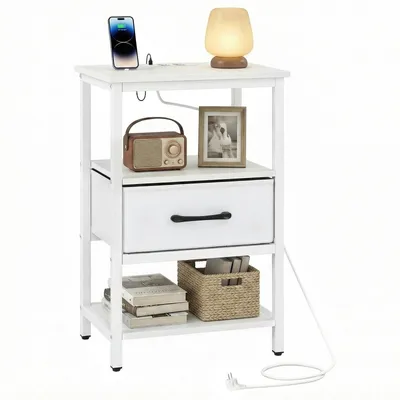Produktbild von COSTWAY Nachttisch Nachtschrank mit Ladestation, 2 Steckdosen, 1 USB & 1 Typ-C-Anschluss, Beistelltisch Sofatisch mit Stoffschublade & Ablagefächern