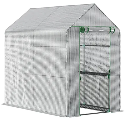 Produktbild von Outsunny Foliengewächshaus begehbar 120x186x190cm – robustes PE-Treibhaus mit 4 Regalebenen, platzsparendes Frühbeet für Tomaten & Gemüse