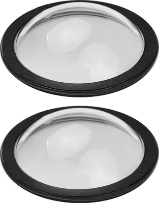Two identical clear dome-shaped lens protectors with black rims are shown against a white background.