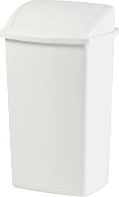 A white trash can with a swing lid.
