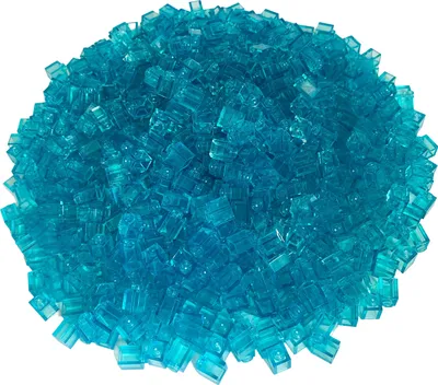 A pile of small, transparent blue building blocks.