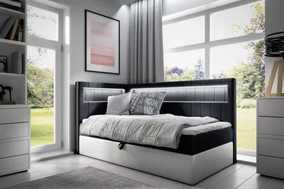 Produktbild von Einzelbett 100x200 KISHA 3 – schwarz/weiß, Öffnung rechts + GRATIS Matratzenauflage