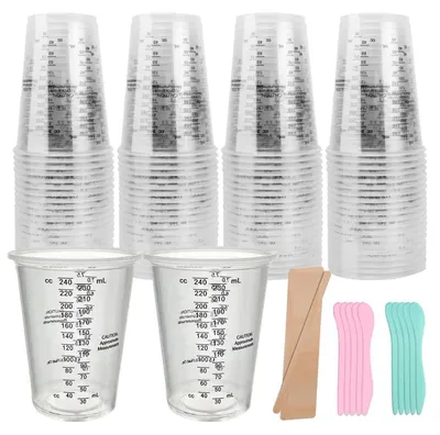Productafbeelding van Epoxyhars mengbeker, 240 ml (8 oz), kunststof, herbruikbaar, met 40 roerstaafjes, geschikt voor voedingsmiddelen, nauwkeurige schaalverdeling