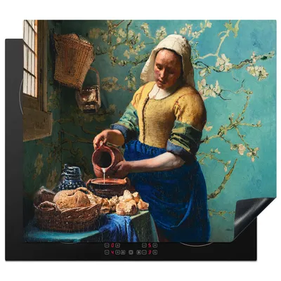 Produktbild von KitchenYeah© Herdabdeckplatte Milchmädchen - Mandelblüte - Van Gogh - Vermeer - Gemälde - Alte Meister , 57x51cm, Küche Deko, Glaskeramikkochfeld Herdabdeckung, Abdeckplatte fùr Kochfeld