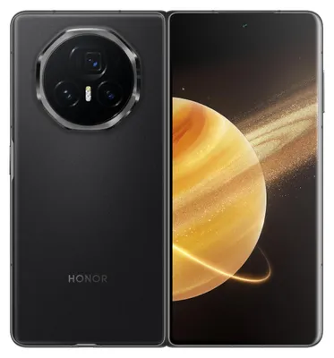 A black Honor Magic V3 foldable smartphone is shown from the back and front.