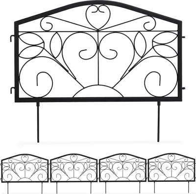 Produktbild von Relaxdays Beetzaun, 4-teilige Beetumrandung für Garten, Steckzaun Eisen, antik, Ornamente, HxB: 33 x 225 cm, schwarz