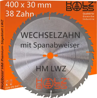 Produktbild von Holzboss ® HM-Sägeblatt 400 x 30 mm LWZ 38 x Zahn mit Spanabweiser und Rückschlagarm Wechselzahn WZ Kreissägeblatt Profisägeblatt 400x30 Längsschnitte