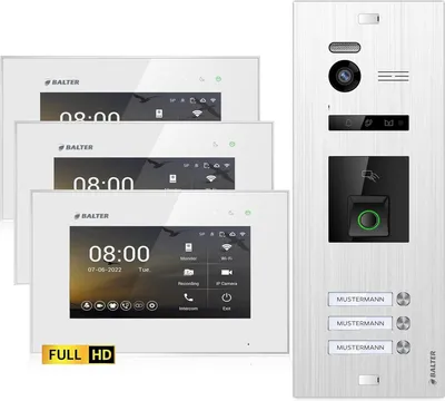 Produktbild von HD Video Türsprechanlage mit Fingerprint und RFID für 3 Familienhaus, 3x Monitore, Balter EVO HD Fingerprint
