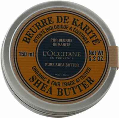 A top-down view of a round metal tin of L'Occitane Pure Shea Butter.