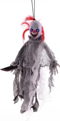 A hanging Halloween decoration of a scary clown holding a knife.