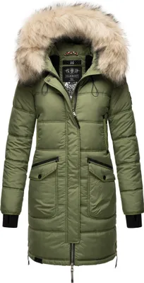 Produktbild von Marikoo Chaskaa Damen Winter Steppjacke mit Kapuze Wintermantel Parka Kunstfellkragen Olive Gr. 44 - XXL