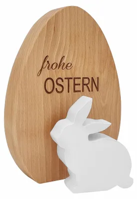 Produktbild von Massivholzosterei aus Buche geölt mit weißem Holzhasen Osterdeko 40.11-011
