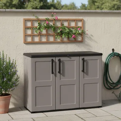 Produktbild von Darmellin Outdoor-Garderobe, Mehrzweck-Balkonschrank, 3-türiger Outdoor-Kleiderschrank, 100 % Italy, 102 x 37 x 84 cm, Grau und Schwarz, kariertes Finish