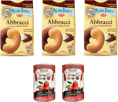 Produktbild von 3 x Mulino Bianco Kekse Biscuits Abbracci 350g Italy cookies + Italian Gourmet 100% italienische geschälte Tomaten dosen 2x 400g
