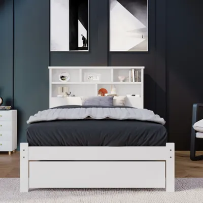 Produktbild von Massivholz Einzelbett mit Schubladen und Lattenrost, Bücherregal Jugendliche und Erwachsene Kinderbett, 90x200cm