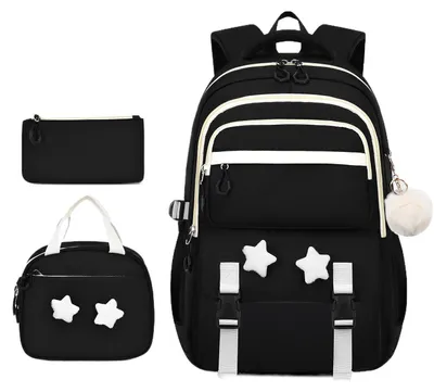 Produktbild von Schulranzen Set 3-teilig, Leichter Rucksack Wasserdicht, 16 Zoll Laptopfach, Brotdose Tasche Federmäppchen, Schüler Rucksack, Schwarz