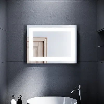 Obrázok produktu pre Kúpeľňové zrkadlo s osvetlením 60 x 50 cm Nástenné zrkadlo Led kúpeľňové zrkadlo Studená biela Nástenný vypínač Kúpeľňové zrkadlo s osvetlením IP44 S vnútorným matným svetelným pásom