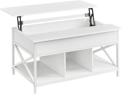 A white lift-top coffee table with open storage compartments below.