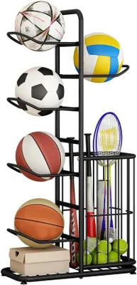 Produktbild von Unyqoos® Bälleaufbewahrung – Ballregal für bis zu 5 Bälle (volle Größe) mit Körben, platzsparend, stabiler Stahlrahmen, 116 x 58 x 23,5 cm