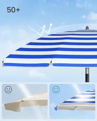 Zdjęcie produktu dla Parasol plażowy 160 cm, niebiesko-biały, UPF 50+, składany pod kątem 30°, regulowana wysokość