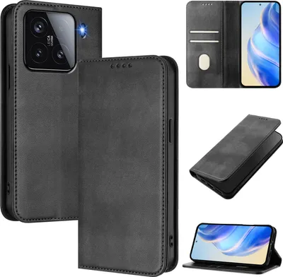 Image de Etui pour Xiaomi 15, étui en cuir vintage avec protection RFID, fentes pour cartes, support Noir