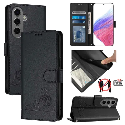 Produktbild von Leder Hülle für Samsung Galaxy S25+ Süße Katze Flip Case Brieftasche Schutzhülle mit Standfunktion Schwarz