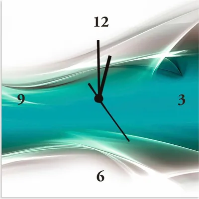 A square clock face with abstract art and clock hands.