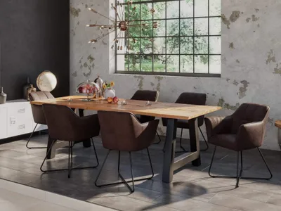 Produktbild von 7tlg. Essgruppe Dora 200 x 100 cm, Mangoholz massiv & naturfarben, Baumkantentisch mit A-Metallgestell in Mattschwarz + 6X Stuhl Kirin in Wildleder-Optik