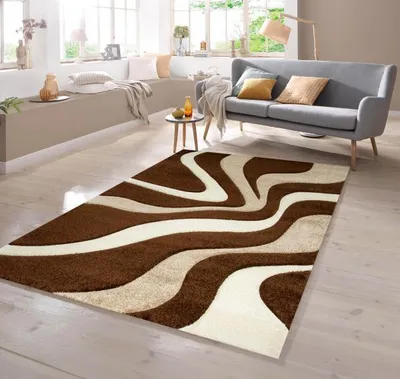 Produktbild von Designer Teppich mit Konturenschnitt Wellenmuster Braun Weiss Größe - 60 x 110 cm